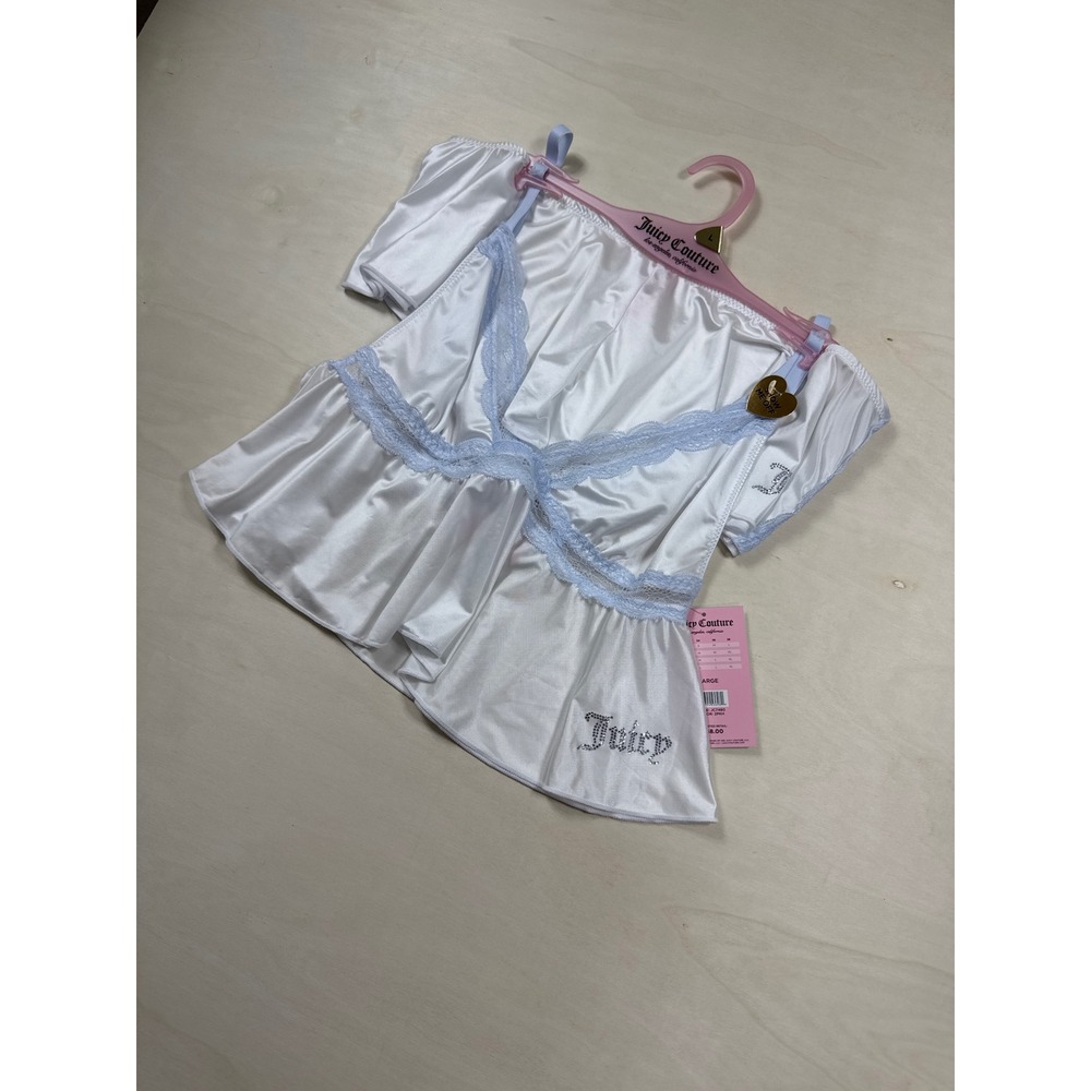 Juicy Couture Pajama Set White Satin Blue Lace Rhinestone Logo Cami Shorts NWT L